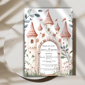 Märchenschloss 4. Geburtstagseinladung, Prinzessin Mädchen-Geburtstagsfeier einladen, bearbeitbare Aquarell Kinder Storybook-Vorlage magisch druckbar
