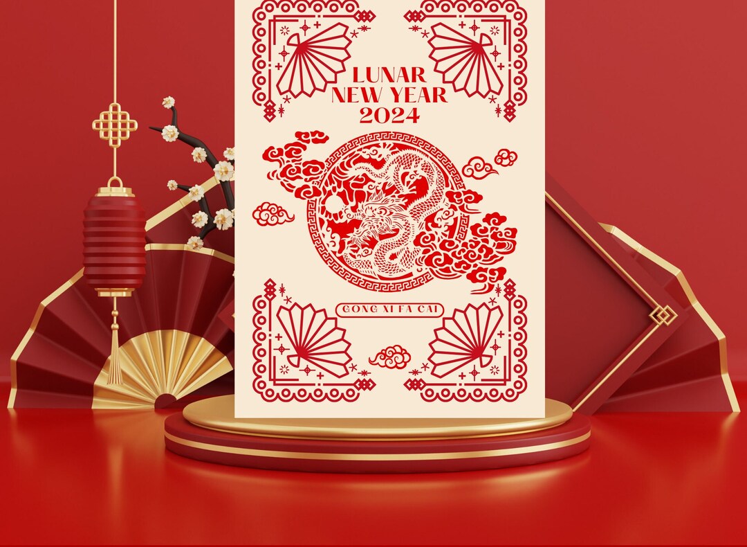 Dragon Lunar New Year Card DIGITAL DOWNLOAD Printable Card Chinese New Year Red on Beige OR