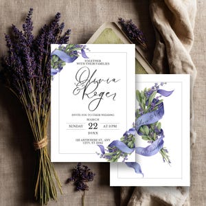 Lavender Wedding Invitation & RSVP Template | Editable Botanical Wedding Suite | Elegant Watercolor Purple Ribbon | Bridal Party Printable