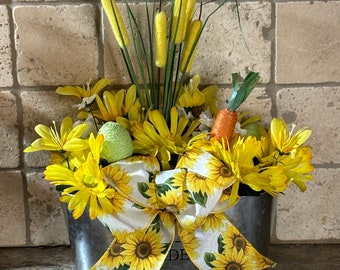 Easter Sunflower Floral Galvanized Bucket Centerpiece