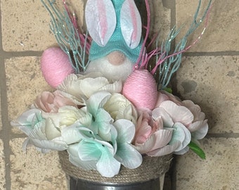 Easter Gnome Galvanized Bucket Centerpiece