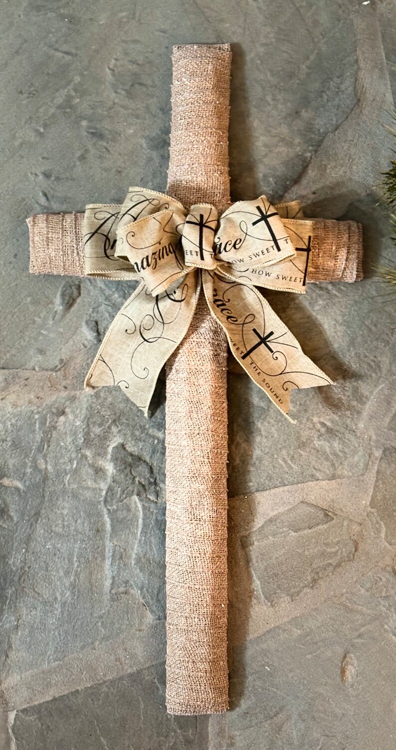 Burlap Cross with Amazing Grace Ribbon image 2