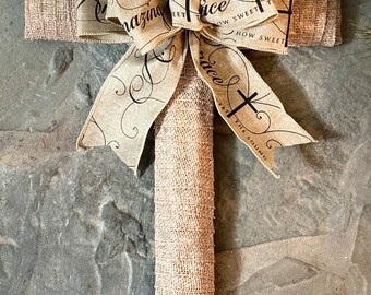 Burlap Cross with Amazing Grace Ribbon