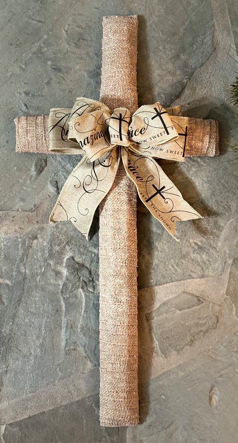 Burlap Cross with Amazing Grace Ribbon image 1