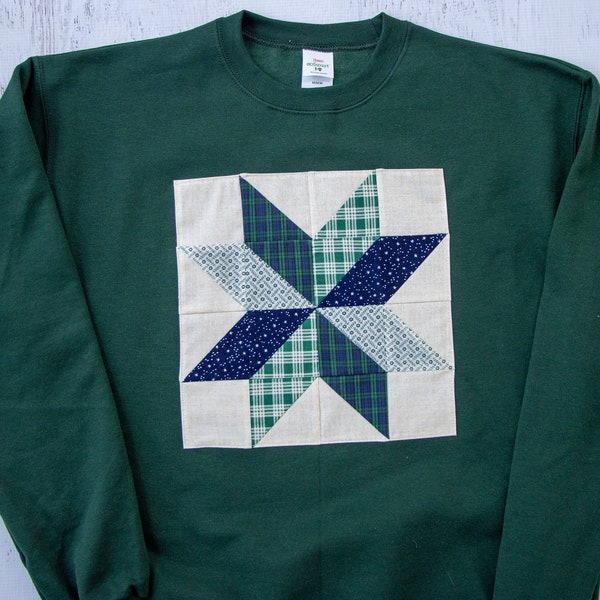 Quilt Block Sweatshirt- Handmade 4-Color Star Block- Navy and Green Plaid Fabric- Available in Crewneck or Hoodie