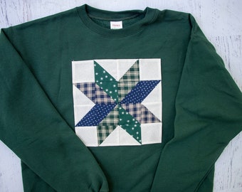 Quilt Block Sweatshirt- Handmade 4-Color Star Block- Navy and Green Plaid Fabric- Available in Crewneck or Hoodie