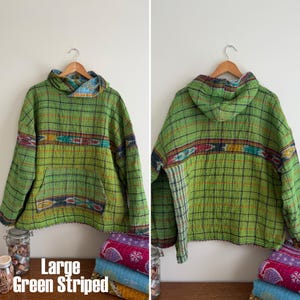 Kantha Quilt Hoodie – Recycled Vintage Saree Hoodie- Handmade- Upcycled Large Green Stripe