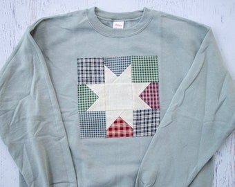 Quilt Block Sweatshirt- Handmade 9-Patch Star Block- Plaid Fabrics- Available in Crewneck or Hoodie