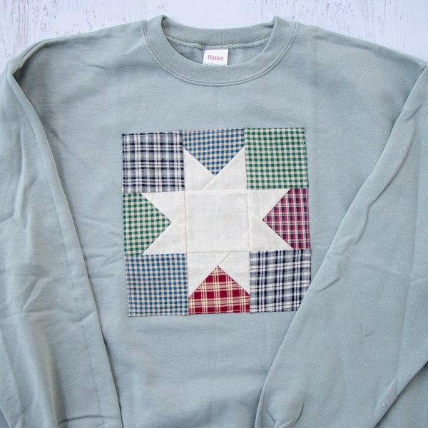 Quilt Block Sweatshirt- Handmade 9-Patch Star Block- Plaid Fabrics- Available in Crewneck or Hoodie