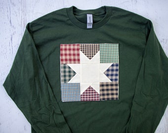 Handmade 9-Patch Star Quilt Block Shirt- Plaid Fabrics Long Sleeve T-Shirt