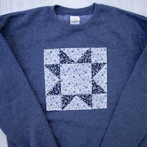 Quilt Block Sweatshirt- Handmade Sawtooth Star Block- Navy blue and white floral- Available in Crewneck or Hoodie
