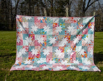 Handmade quilt- Colorful Sawtooth Star- Full sized- Large Lap sized- floral