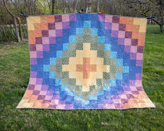 Queen Size Floral Quilt – Muted Rainbow Colors, Modern Lily Pad Quilting, Gray Floral Backing