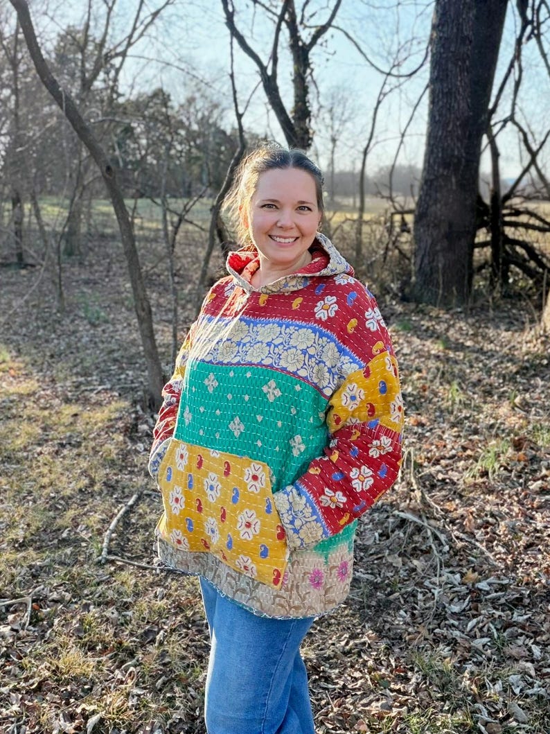 Kantha Quilt Hoodie – Recycled Vintage Saree Hoodie- Handmade- Upcycled image 2