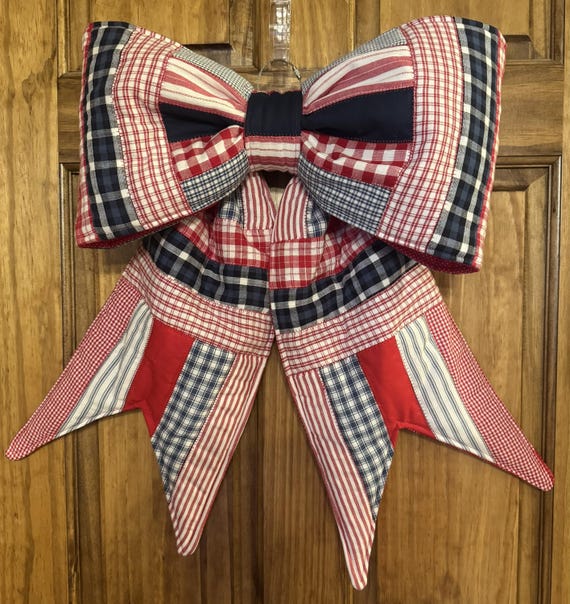 Red, White & Blue Quilted Door Bow | Patriotic Front Door Decor | Handmade Americana Bow