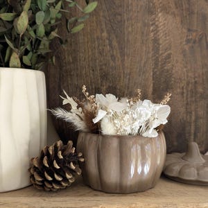 Peut inclure: Un petit bol en céramique taupe brillant en forme de citrouille, rempli d'un arrangement de fleurs séchées blanches, d'herbes et de plumes beiges, accompagné d'une pomme de pin brune posée à côté du bol sur une surface en bois.