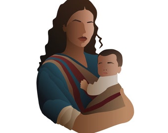 以下が含まれることがあります： 赤ちゃんを抱いている女性のイラスト。女性は濃い茶色の髪で、赤と茶色のストライプのショールが付いた青い衣服を着ています。赤ちゃんは白いシャツを着ており、茶色のキャリアで抱かれています。