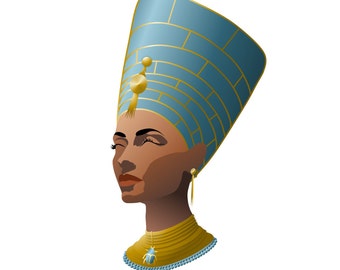 以下が含まれることがあります： 青い金色の頭飾り、金のネックレスとイヤリングをつけた女性。頭飾りは伝統的なエジプト風です。