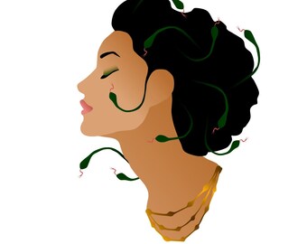 以下が含まれることがあります： 黒い髪と緑色のヘビを持つ女性の横顔のイラスト。女性は目を閉じ、ピンクの唇と金のネックレスをしています。ヘビは赤い舌を持つ緑色です。