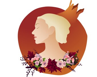 以下が含まれることがあります： 金髪の女性が葉と花でできた冠をかぶっている横顔のイラスト。女性は赤い円の中にいて、首には花輪がかけられている。