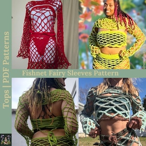 May include: Four different crochet tops with fishnet sleeves. The tops are in red, yellow, green, and blue. The tops are all made with a crochet stitch that creates a fishnet effect. The tops are all long-sleeved and have a loose fit. The tops are all made with a cotton yarn. The tops are all handmade.