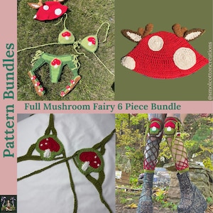 May include: A crochet pattern bundle for a mushroom fairy costume. The bundle includes a hat, top, skirt, and leg warmers. The pattern is available in six pieces.