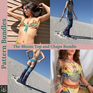 May include: A crochet top and chaps pattern bundle. The image shows three different models wearing the crochet top and chaps in various colors. The text "The Bloom Top and Chaps Bundle" is displayed in the center of the image.