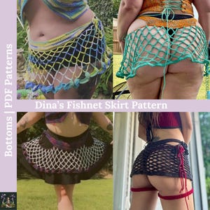 Może przedstawiać: Trzy różne spódnice z siatki szydełkowej w różnych kolorach. Spódnice są wykonane prostym ściegiem szydełkowym i mają luźny, swobodny krój. Spódnice idealnie nadają się do noszenia na szorty lub legginsy.