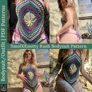 Può includere: Uno schema per un body all'uncinetto con un design a foglia verde, viola e giallo. Lo schema si chiama "SmolXKnotty Kush Bodysuit Pattern".
