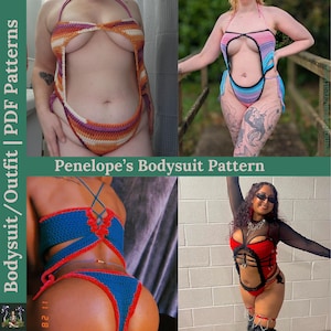 May include: Four different crochet bodysuit patterns. The patterns are shown on models wearing the finished garments. The text "Penelope's Bodysuit Pattern" is visible in the center of the image.