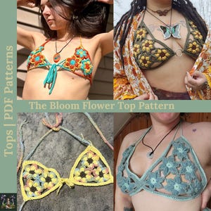 Puede incluir: Tres tops de crochet diferentes con diseños de flores. Los tops son de varios colores, incluyendo amarillo, verde, azul y naranja. El texto "The Bloom Flower Top Pattern" se muestra en la imagen.