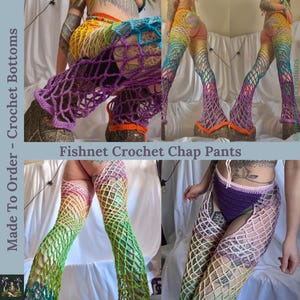 May include: Rainbow crochet chap pants with a fishnet design. Made to order.