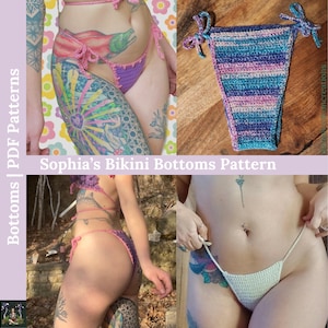 May include: Three different crochet bikini bottom patterns. The first pattern is a pink and white crochet bikini bottom with a tie at the side. The second pattern is a multi-colored crochet bikini bottom with a tie at the side. The third pattern is a white crochet bikini bottom with a tie at the side.  Sophia's Bikini Bottoms Pattern