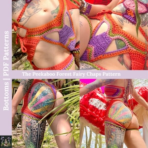 May include: A crochet pattern for a pair of colorful, crocheted shorts. The pattern is called "The Peekaboo Forest Fairy Chaps Pattern".