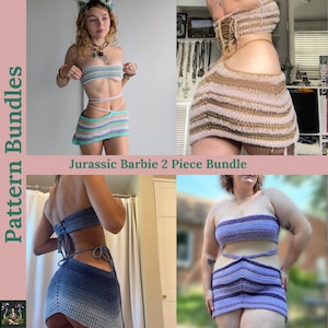 May include: A collection of crochet two-piece outfits in various colors, including blue, purple, and tan. The outfits consist of a bandeau top and a mini skirt. The text "Jurassic Barbie 2 Piece Bundle" is visible.