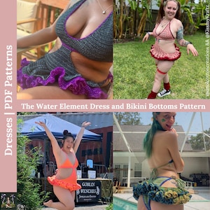 May include: Image featuring crochet dresses and bikini bottoms in various colors. The text "The Water Element Dress and Bikini Bottoms Pattern" is visible. The image also includes the text "Dresses | PDF Patterns".