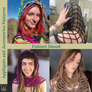 May include: Four different crochet fishnet snoods in various colors, including black, brown, purple, and a rainbow of colors. The snoods are shown being worn by different people.