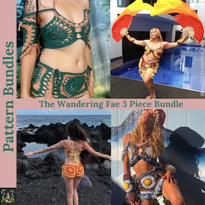 May include: A collage of images showcasing crochet bikini sets. The sets feature intricate openwork designs in shades of green, orange, and brown. The text "The Wandering Fae 3 Piece Bundle" is visible. The words "Pattern Bundles" are also visible.