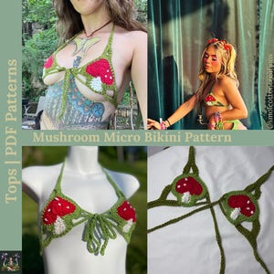 May include: A crochet bikini pattern featuring a mushroom design. The bikini top and bottom are green with red and white mushroom details. The image includes the text "Mushroom Micro Bikini Pattern".