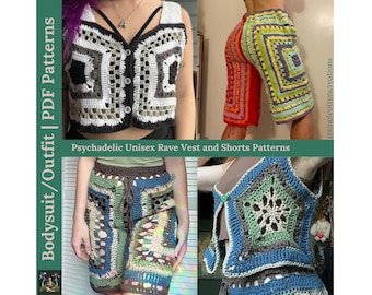 Pacchetto di modelli PDF per gilet e pantaloncini da rave unisex psichedelici all'uncinetto