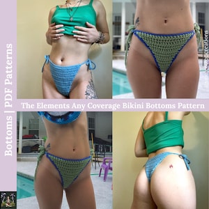 Puede incluir: Un collage de imágenes que muestran braguitas de bikini de ganchillo en azul y verde. Las braguitas de bikini tienen un diseño de lazo. El texto "Bottoms | PDF Patterns" y "The Elements Any Coverage Bikini Bottoms Pattern" son visibles.