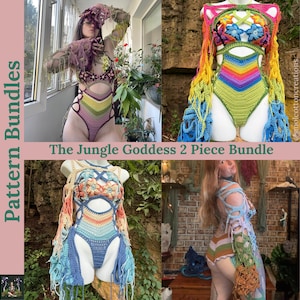 May include: A crochet two-piece set featuring a bikini top with floral motifs and a high-cut bottom. The garment displays a vibrant rainbow color palette with long, fringed sleeves. Text on the image reads Pattern Bundles and The Jungle Goddess 2 Piece Bundle.