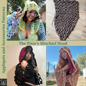 Op de afbeelding: Afbeelding met gehaakte capuchons en accessoires in verschillende kleuren. De tekst "The Pixie's Mischief Hood" is te zien. De afbeelding bevat een persoon die een kleurrijke gehaakte capuchon en sjaal draagt, en een close-up van een bruin gehaakt stuk.