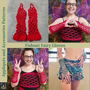Puede incluir: Tres estilos diferentes de guantes de red roja. Los guantes están hechos a crochet y tienen un patrón de diamante. Los guantes se muestran en modelos que los llevan puestos. El texto "Fishnet Fairy Gloves" se muestra debajo de la imagen.