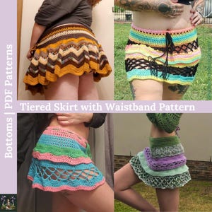 May include: Four crochet skirts with different color combinations and patterns. The skirts are tiered and have a waistband. The text "Tiered Skirt with Waistband Pattern" is displayed on the image. The text "Bottoms | PDF Patterns" is displayed on the left side of the image.