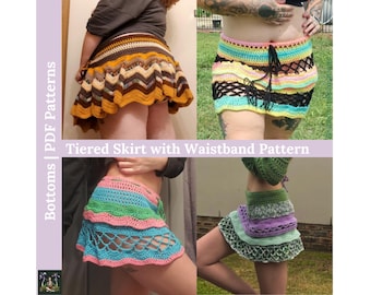 May include: Four crochet skirts with different color combinations and patterns. The skirts are tiered and have a waistband. The text "Tiered Skirt with Waistband Pattern" is displayed on the image. The text "Bottoms | PDF Patterns" is displayed on the left side of the image.