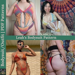 May include: Four different crochet bodysuit patterns. The first pattern is a multi-colored crochet bodysuit with a plunging neckline. The second pattern is a white crochet bodysuit with a colorful design. The third pattern is a red crochet bodysuit with a chain detail. The fourth pattern is a black crochet bodysuit with a string tie detail. Leah's Bodysuit Pattern.