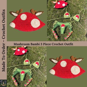 May include: A three-piece crochet outfit for a baby, featuring a mushroom-shaped hat with red and white accents, a green bikini top and bottom with red mushroom accents, and leg warmers with red mushroom accents. The outfit is laid out on a green grassy surface. "Mushroom Bambi 3 Piece Crochet Outfit" is written in the image.