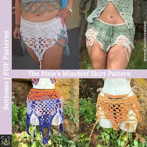 May include: Image of crochet skirt patterns in white, green, orange, and blue. The skirts have openwork designs and are tied at the waist. The text "Bottoms | PDF Patterns" and "The Pixie's Mischief Skirt Pattern" are visible.