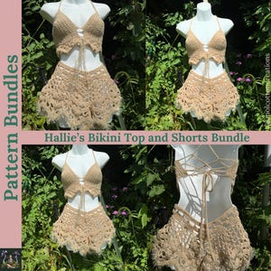 May include: A tan crochet bikini top and shorts set displayed on a mannequin. The halter top and shorts have a fringed edge. The text "Hallie's Bikini Top and Shorts Bundle" is visible.